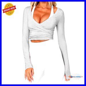 Long Sleeve Wrap Top Crop Slim Fit V-Neck Yoga Pilates Blouse